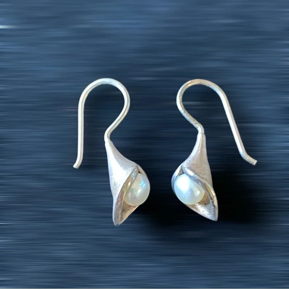 Sterling Silver and Pearl Bugle Shaped Teardrop Earrings